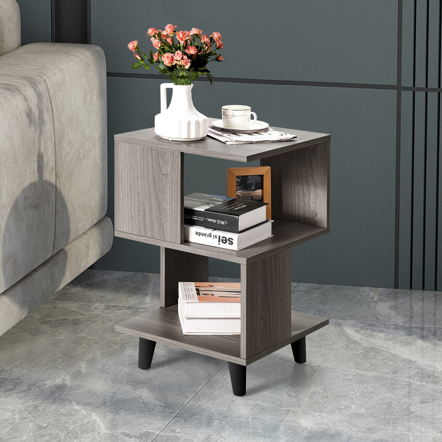 2 Pieces Wooden Modern Nightstand Set with Legs for Living Room