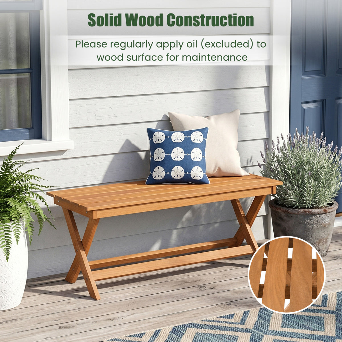 2-Seat Wooden Garden Patio Bench with X-Shaped Legs-Set of 2
