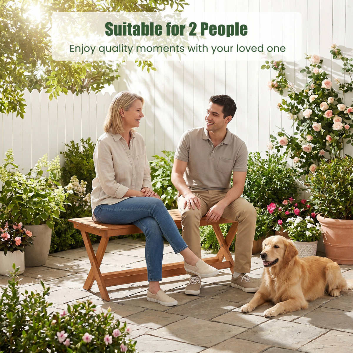 2-Seat Wooden Garden Patio Bench with X-Shaped Legs-Set of 2