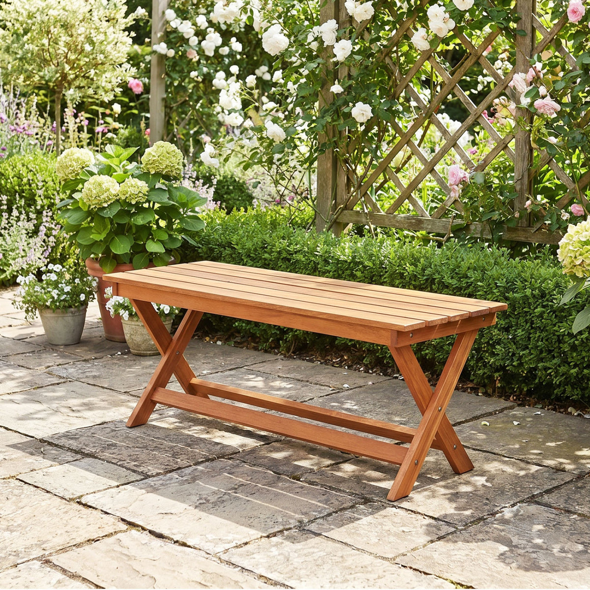 2-Seat Wooden Garden Patio Bench with X-Shaped Legs-Set of 2