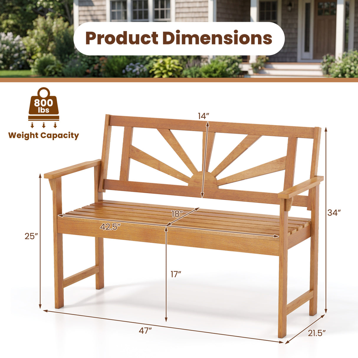 2-Seater Acacia Wood Loveseat Bench with Backrest and Armrests for Patio