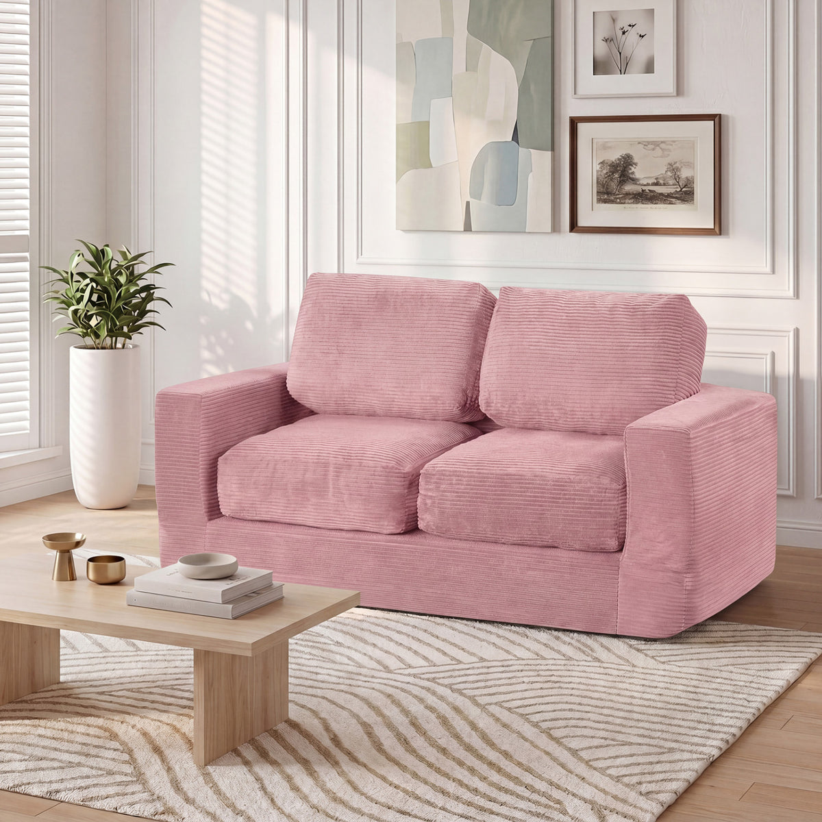 2-Seater Floor Couch Loveseat Foam Sofa with Removable Corduroy Cover
