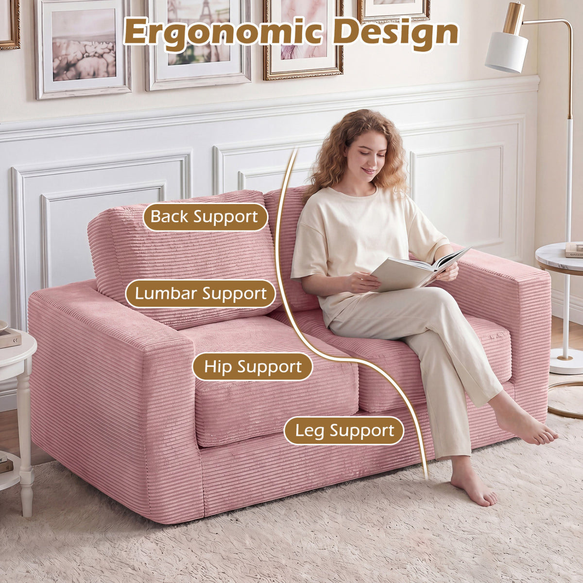 2-Seater Floor Couch Loveseat Foam Sofa with Removable Corduroy Cover