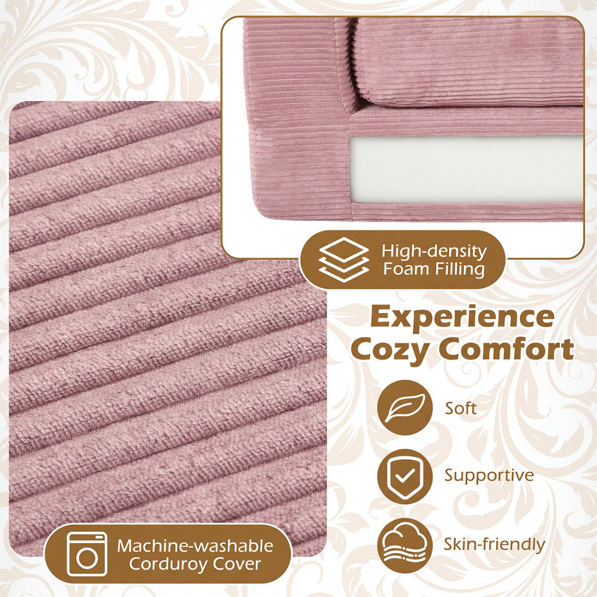 2-Seater Floor Couch Loveseat Foam Sofa with Removable Corduroy Cover
