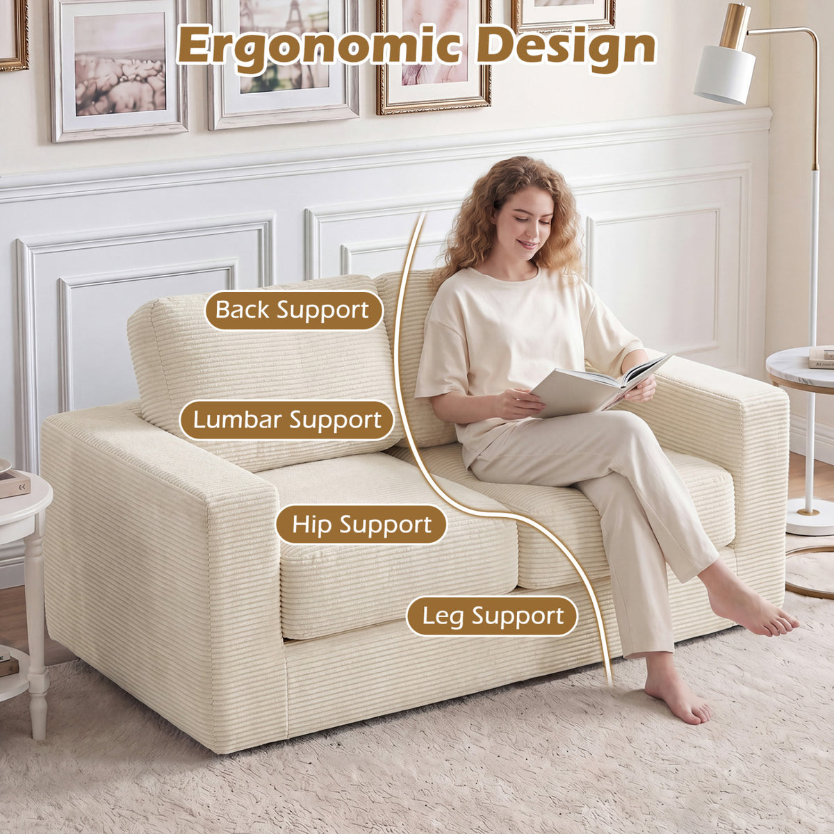 2-Seater Floor Couch Loveseat Foam Sofa with Removable Corduroy Cover