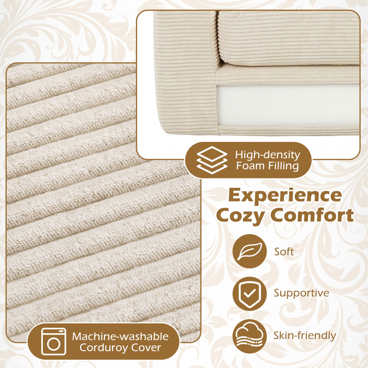 2-Seater Floor Couch Loveseat Foam Sofa with Removable Corduroy Cover