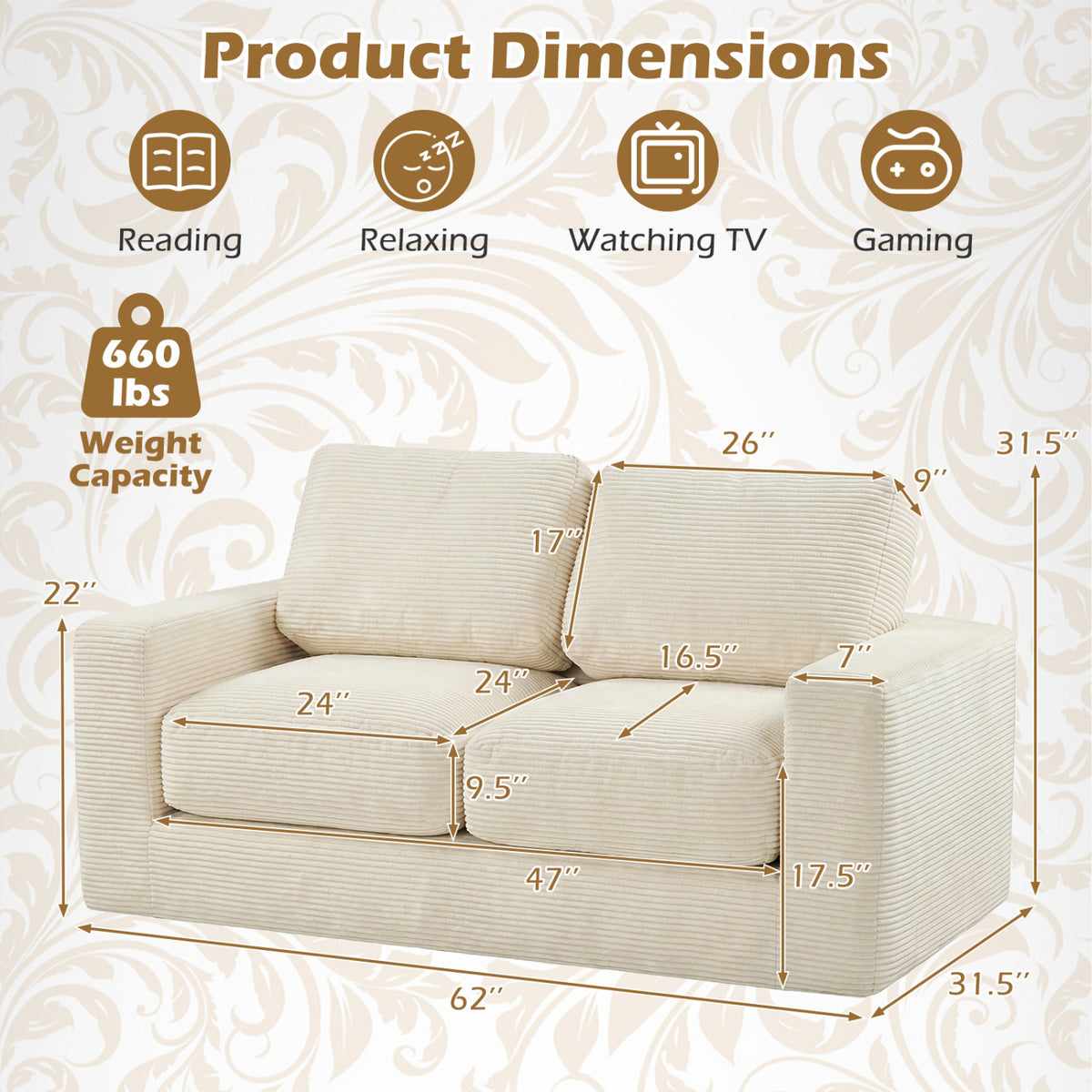 2-Seater Floor Couch Loveseat Foam Sofa with Removable Corduroy Cover