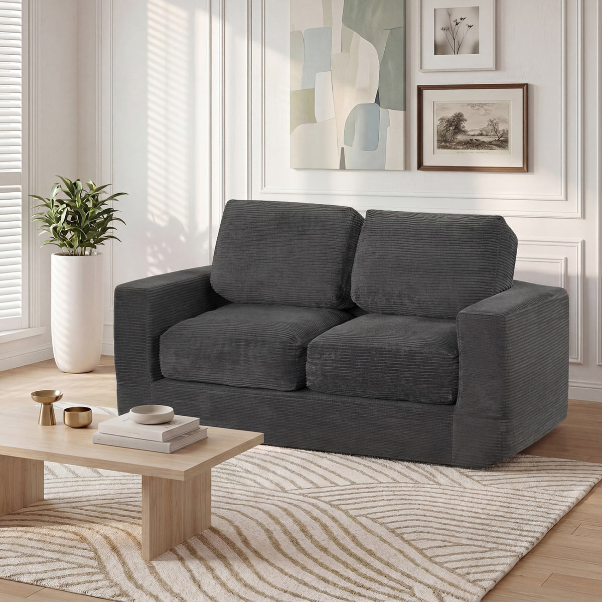 2-Seater Floor Couch Loveseat Foam Sofa with Removable Corduroy Cover