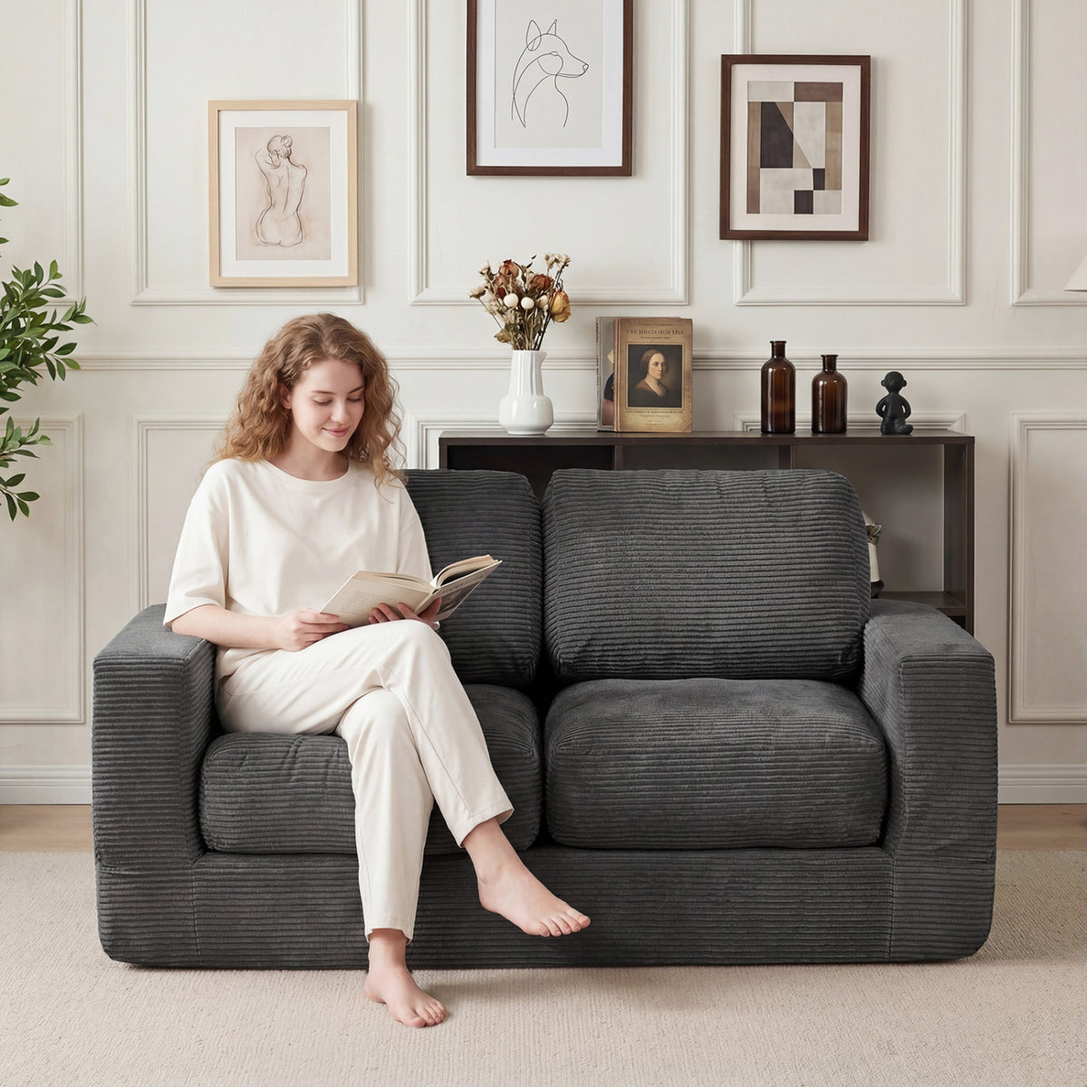 2-Seater Floor Couch Loveseat Foam Sofa with Removable Corduroy Cover