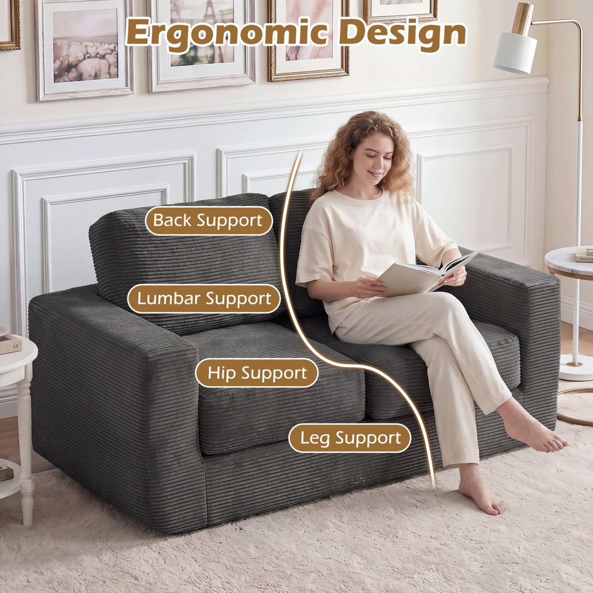 2-Seater Floor Couch Loveseat Foam Sofa with Removable Corduroy Cover