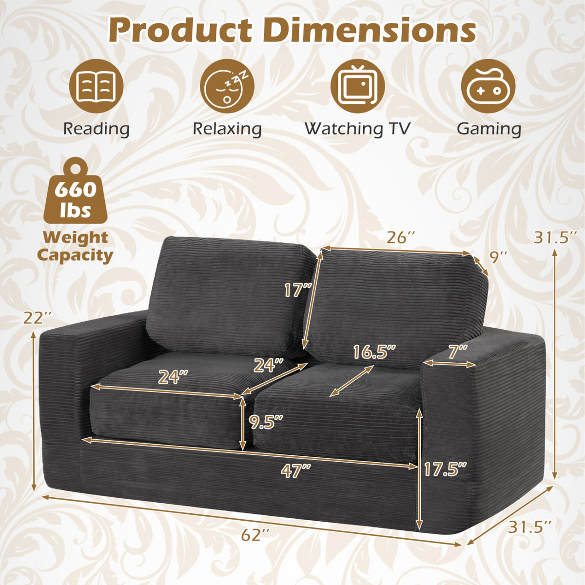 2-Seater Floor Couch Loveseat Foam Sofa with Removable Corduroy Cover