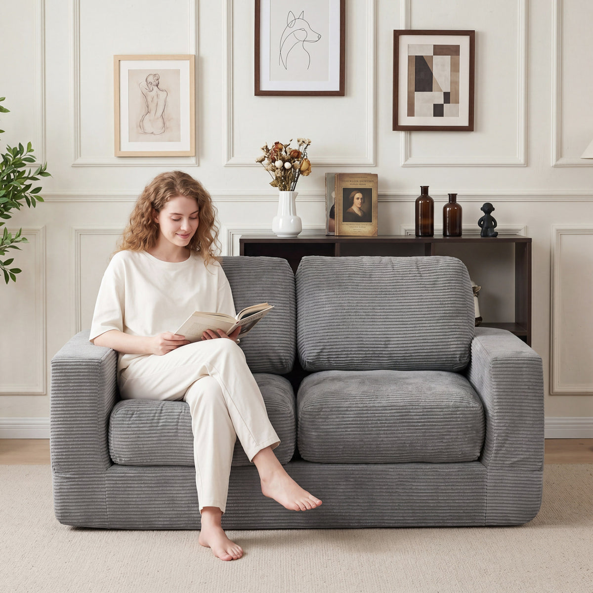 2-Seater Floor Couch Loveseat Foam Sofa with Removable Corduroy Cover