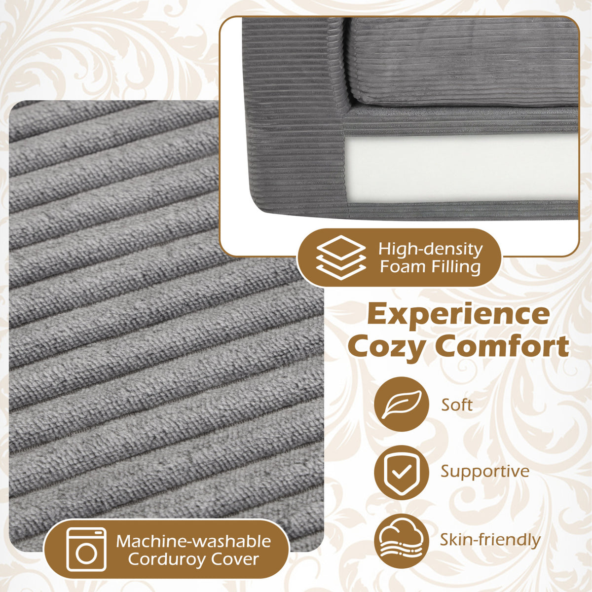 2-Seater Floor Couch Loveseat Foam Sofa with Removable Corduroy Cover
