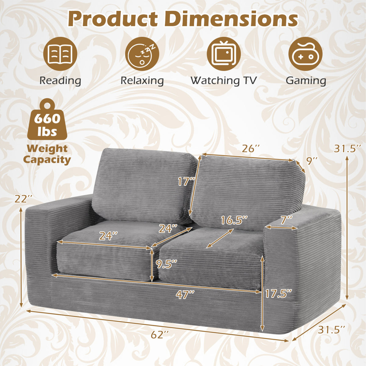 2-Seater Floor Couch Loveseat Foam Sofa with Removable Corduroy Cover