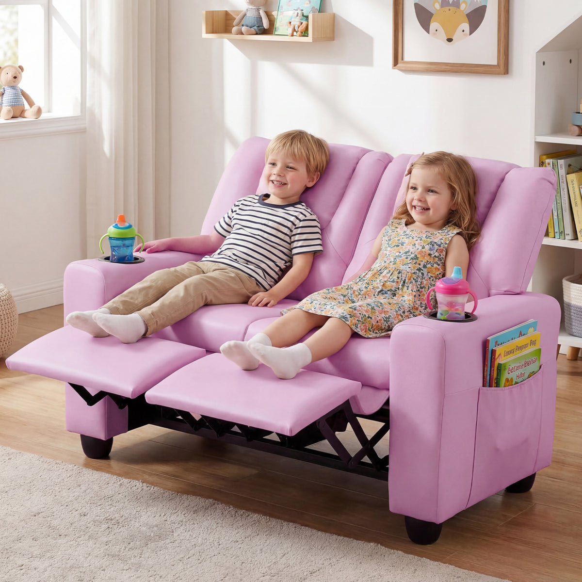 2-Seater Kids Recliner Double Toddler Sofa Chair with 2 Cup Holders