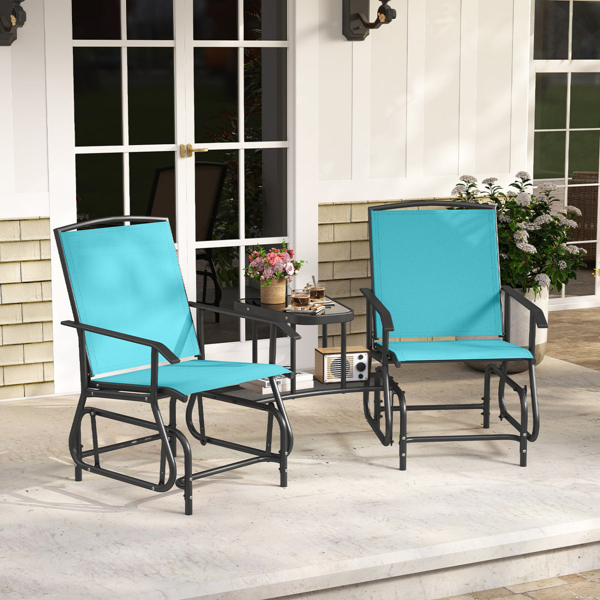 2-Seater Outdoor Glider Bench with 2-Tier Center Table