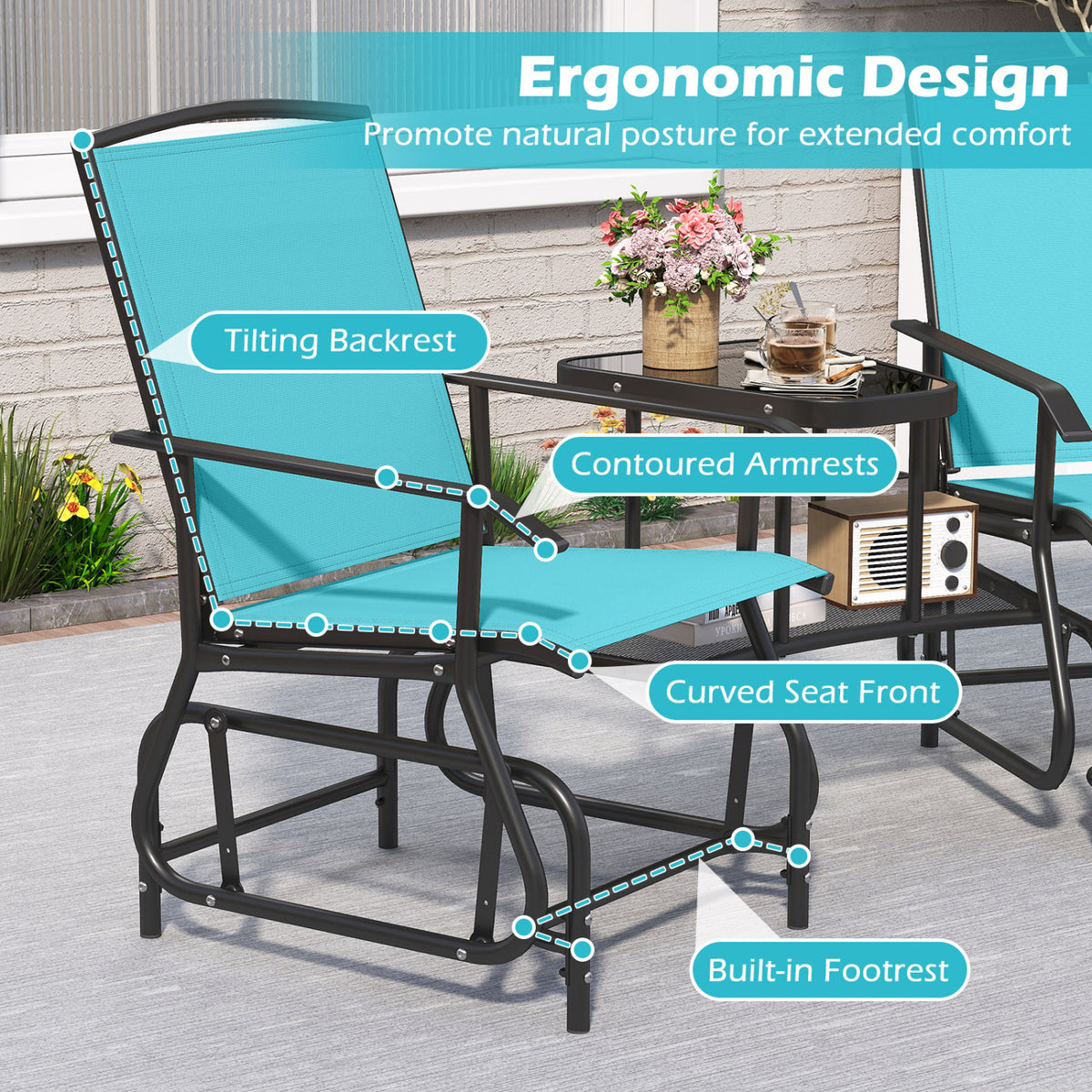 2-Seater Outdoor Glider Bench with 2-Tier Center Table