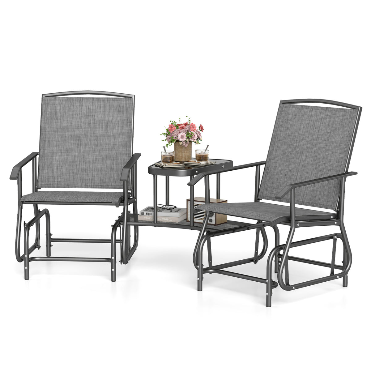 2-Seater Outdoor Glider Bench with 2-Tier Center Table