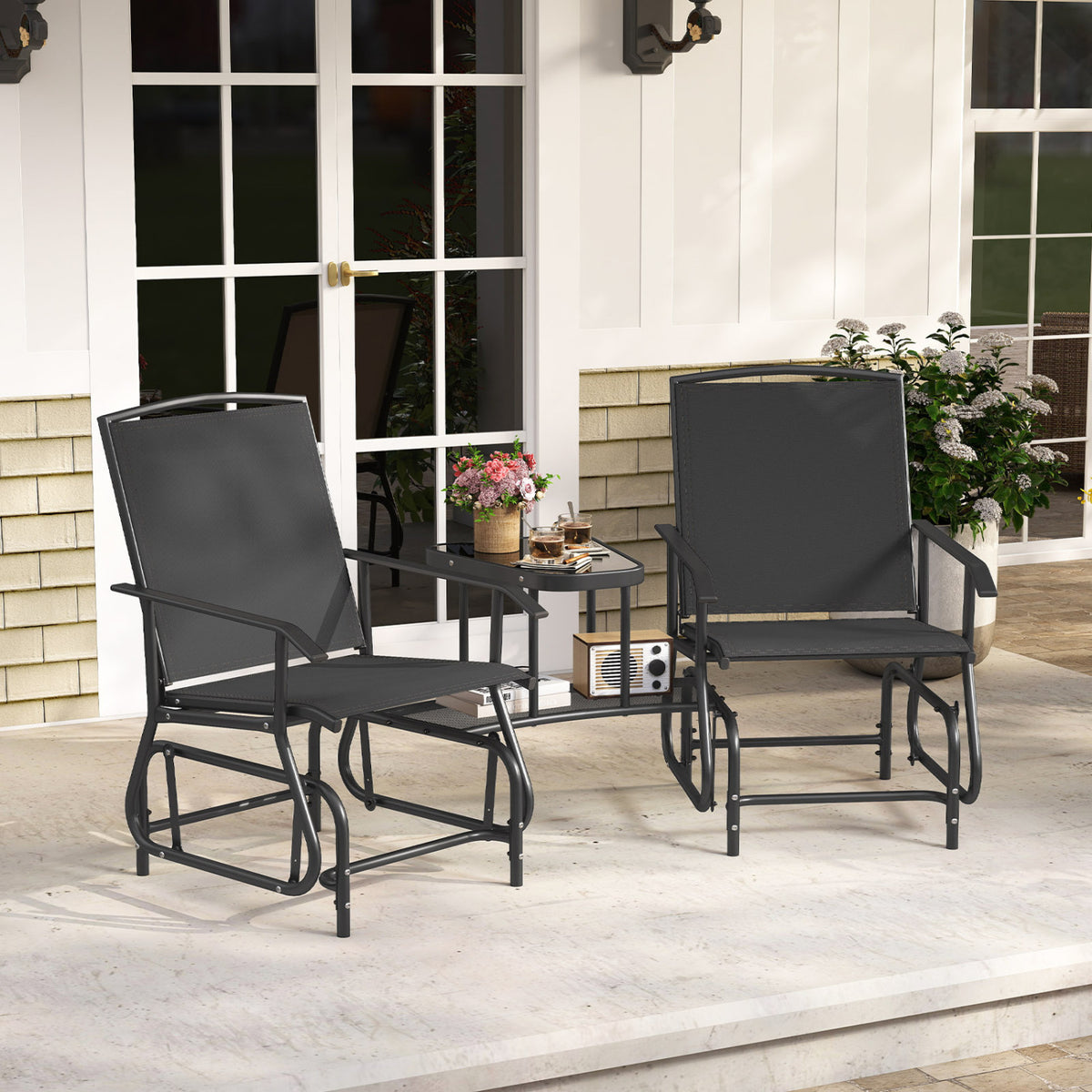 2-Seater Outdoor Glider Bench with 2-Tier Center Table