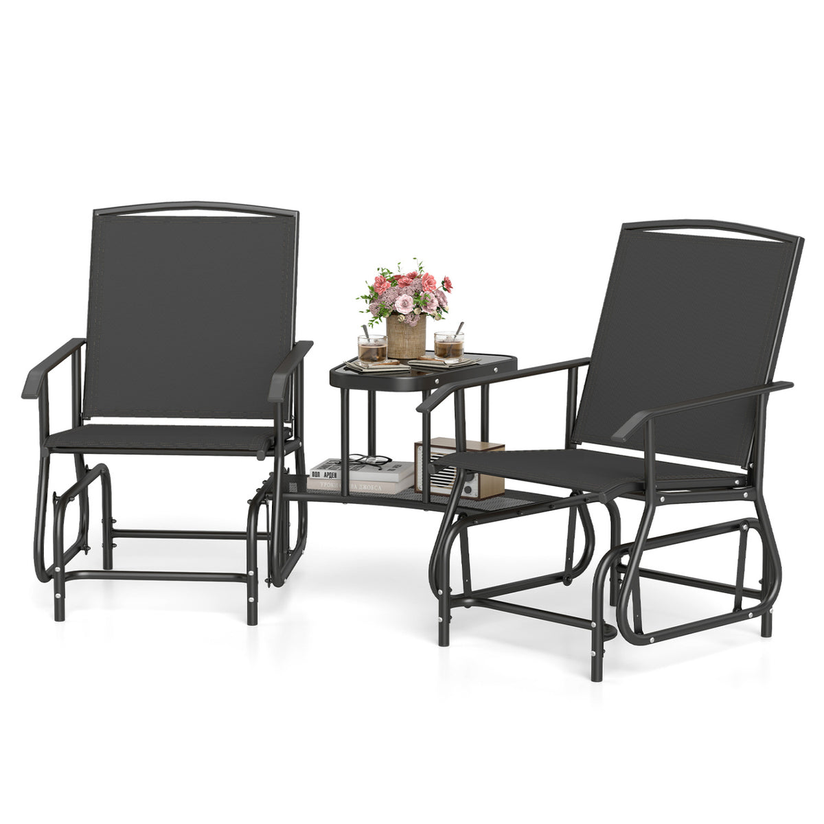 2-Seater Outdoor Glider Bench with 2-Tier Center Table