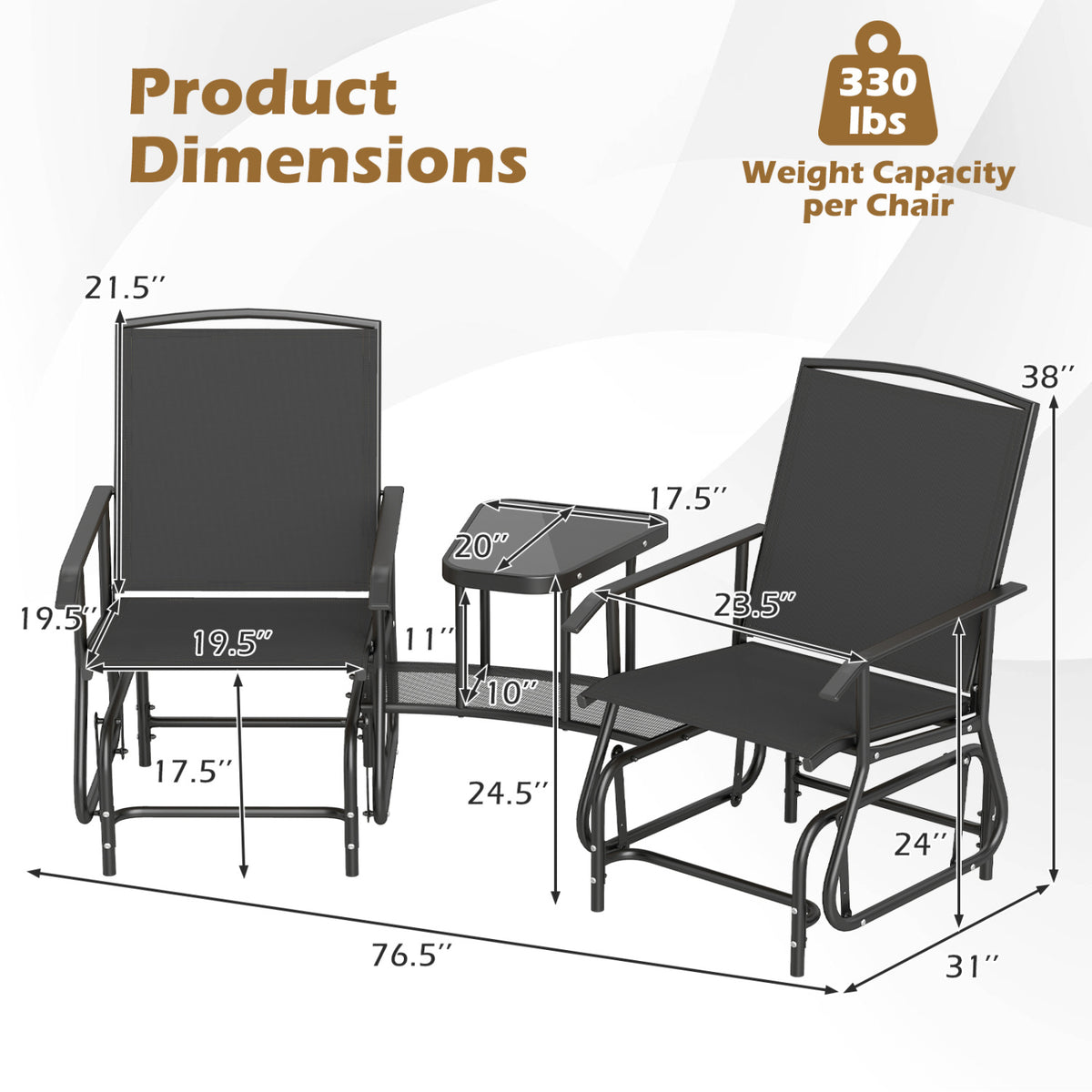 2-Seater Outdoor Glider Bench with 2-Tier Center Table