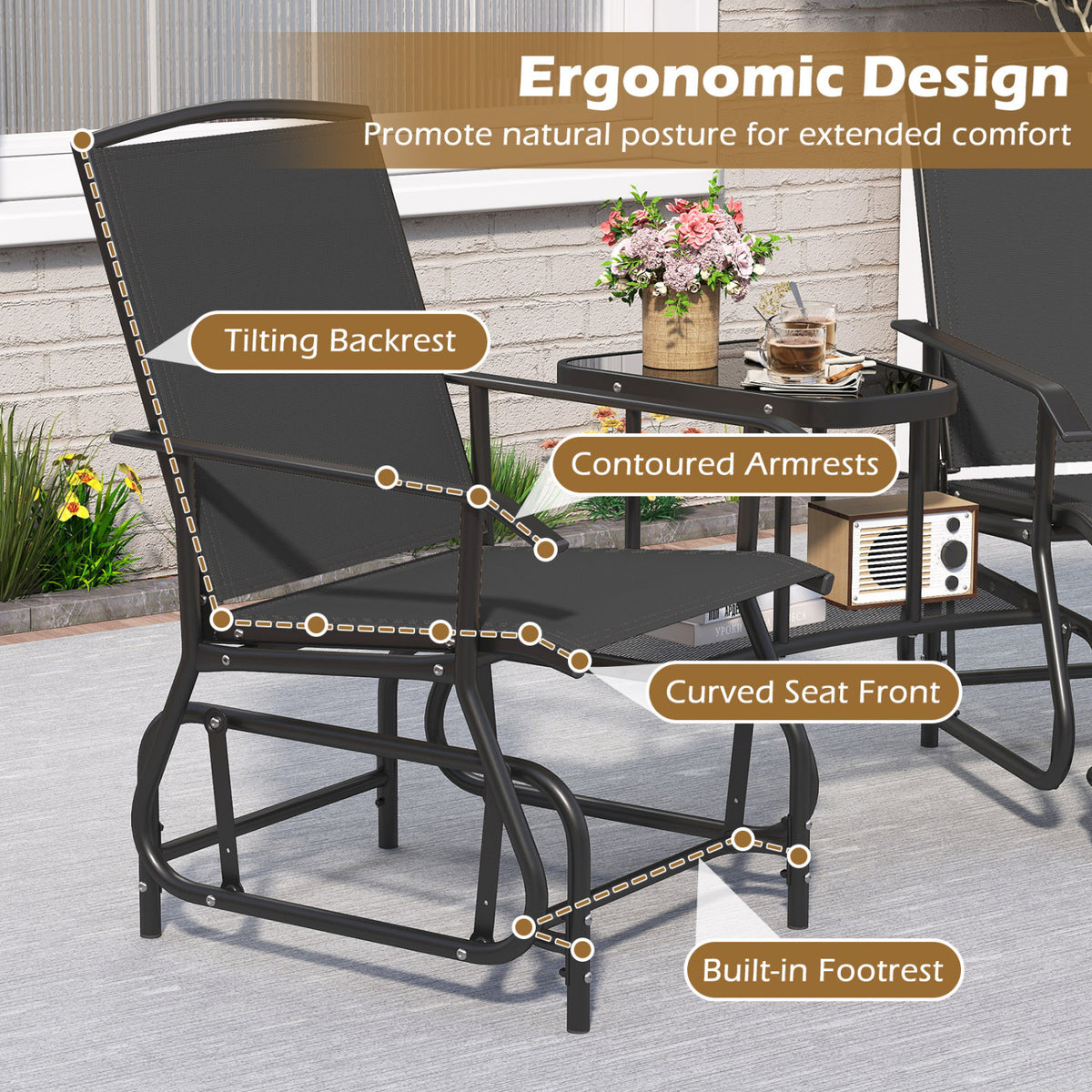 2-Seater Outdoor Glider Bench with 2-Tier Center Table
