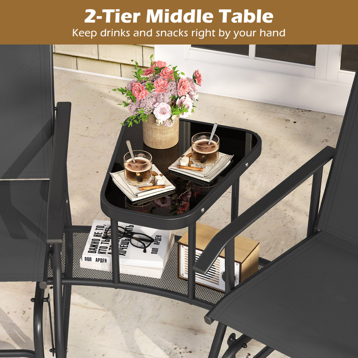 2-Seater Outdoor Glider Bench with 2-Tier Center Table