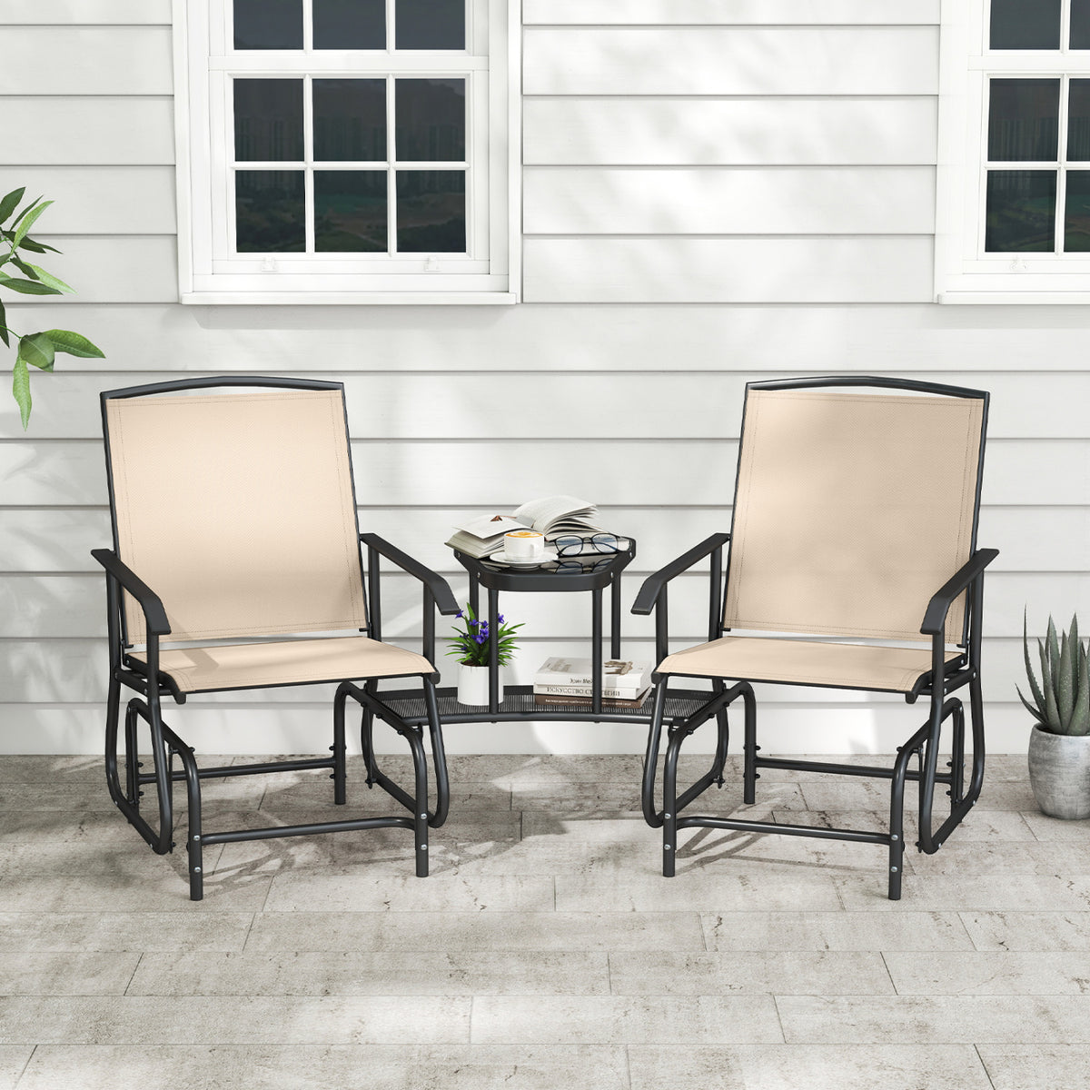 2-Seater Outdoor Glider Bench with 2-Tier Center Table