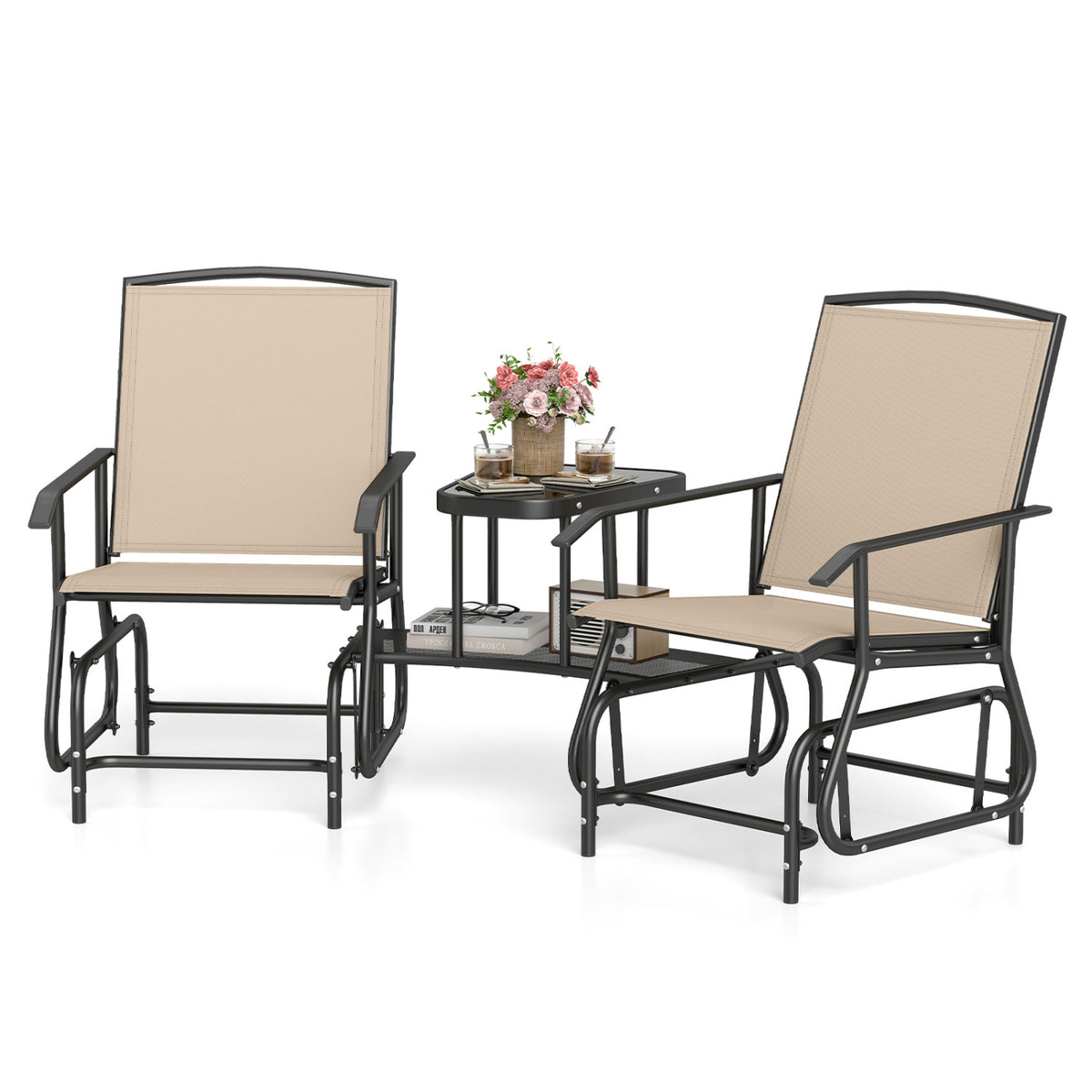 2-Seater Outdoor Glider Bench with 2-Tier Center Table