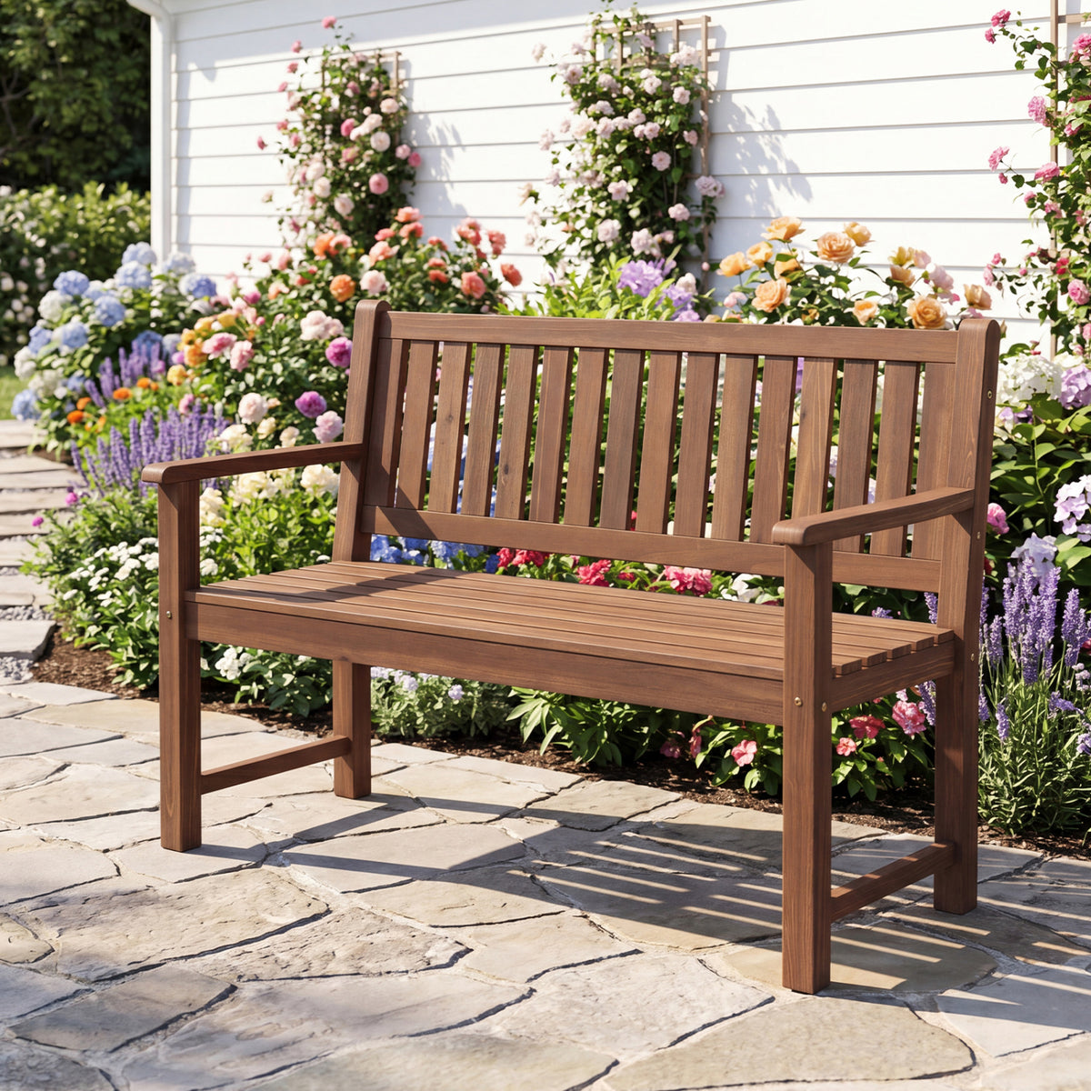 2-Seater Outdoor Wooden Bench with Backrest and Armrests