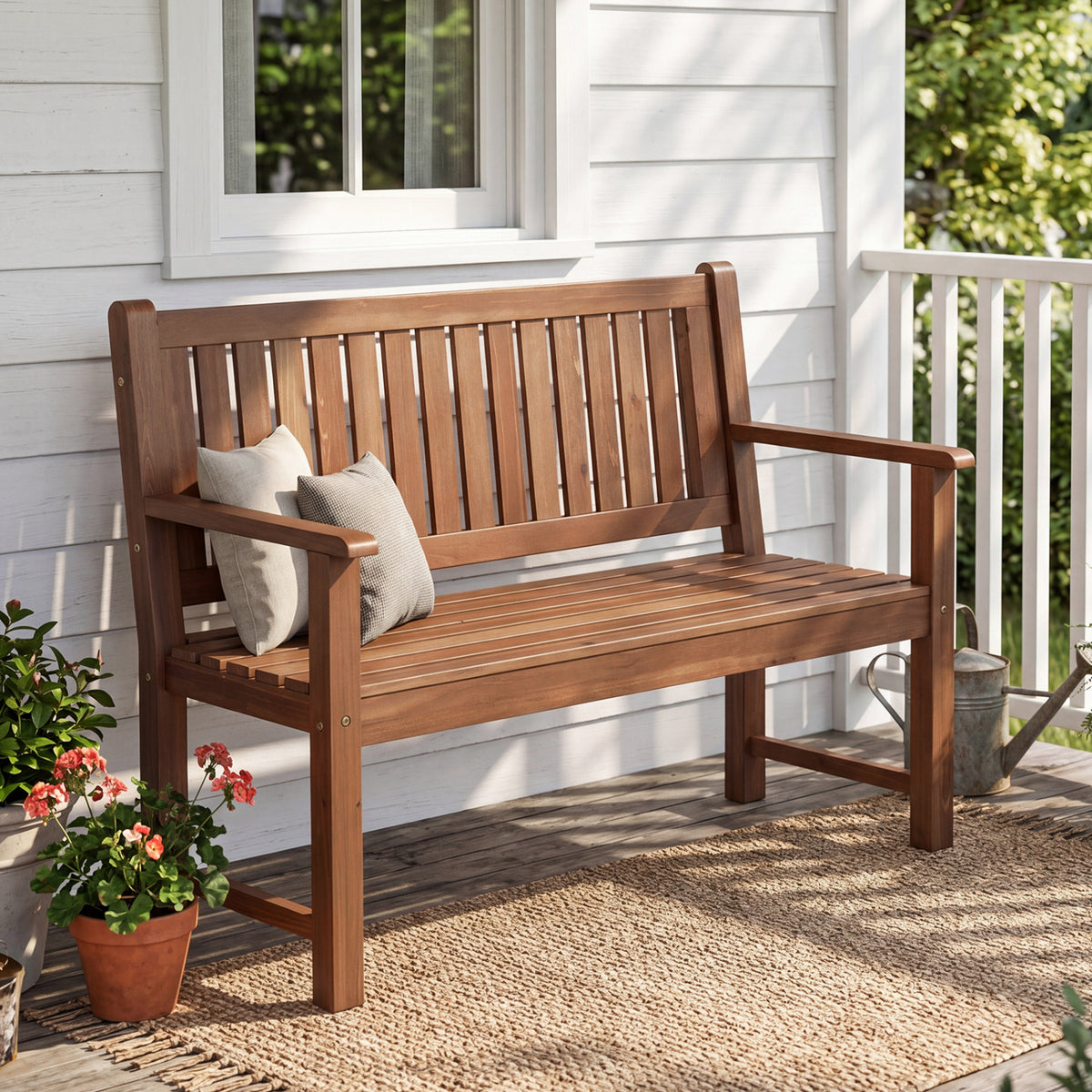 2-Seater Outdoor Wooden Bench with Backrest and Armrests
