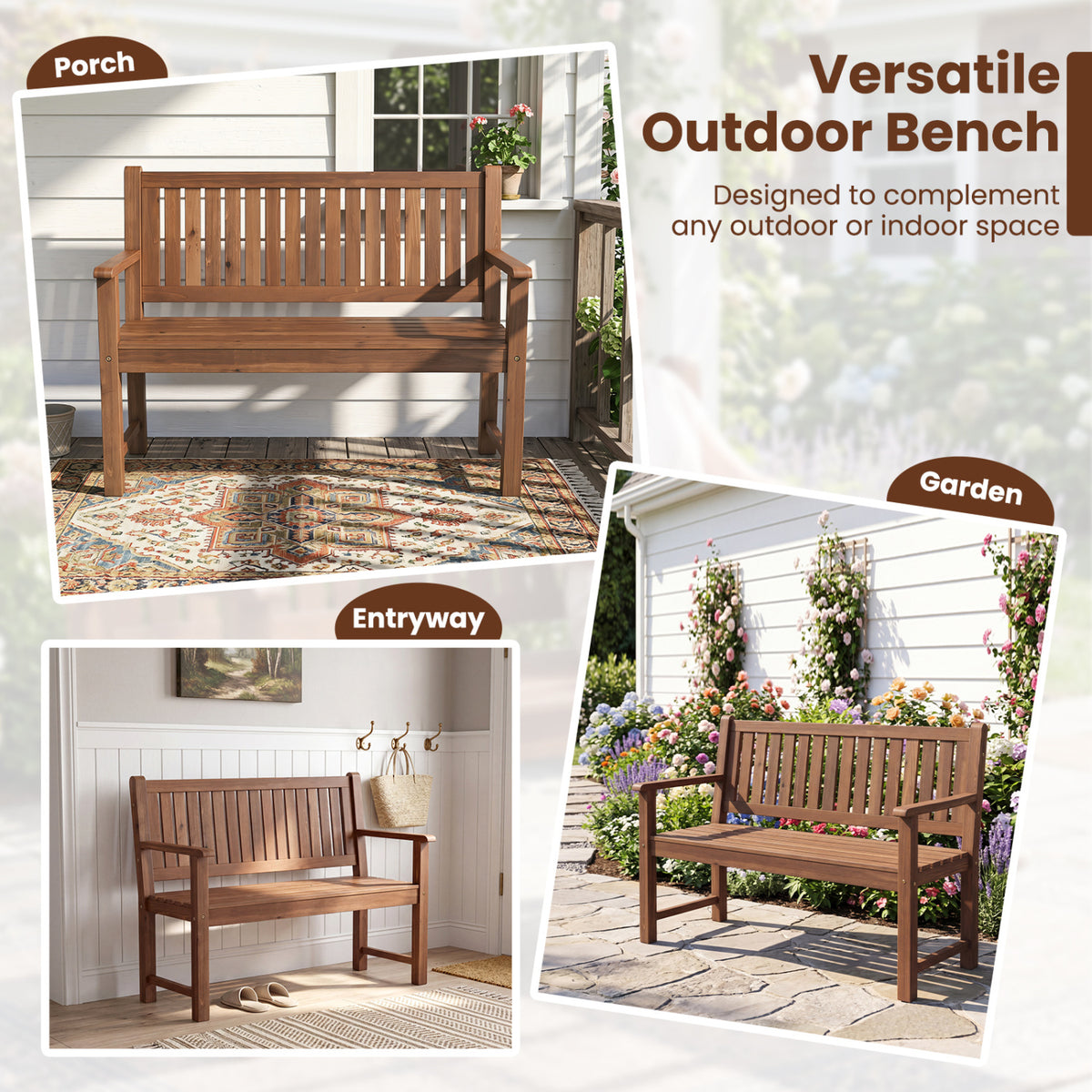 2-Seater Outdoor Wooden Bench with Backrest and Armrests
