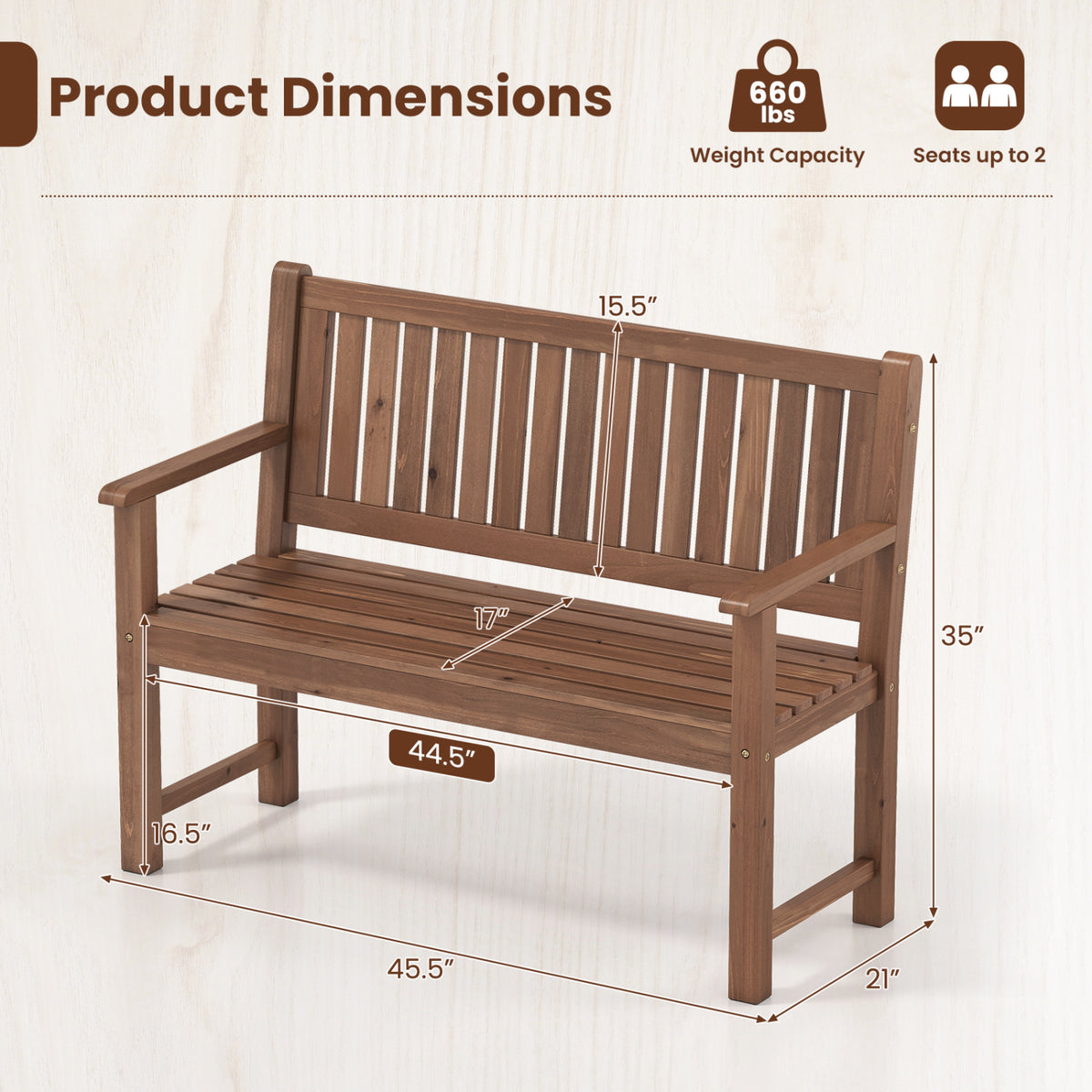 2-Seater Outdoor Wooden Bench with Backrest and Armrests