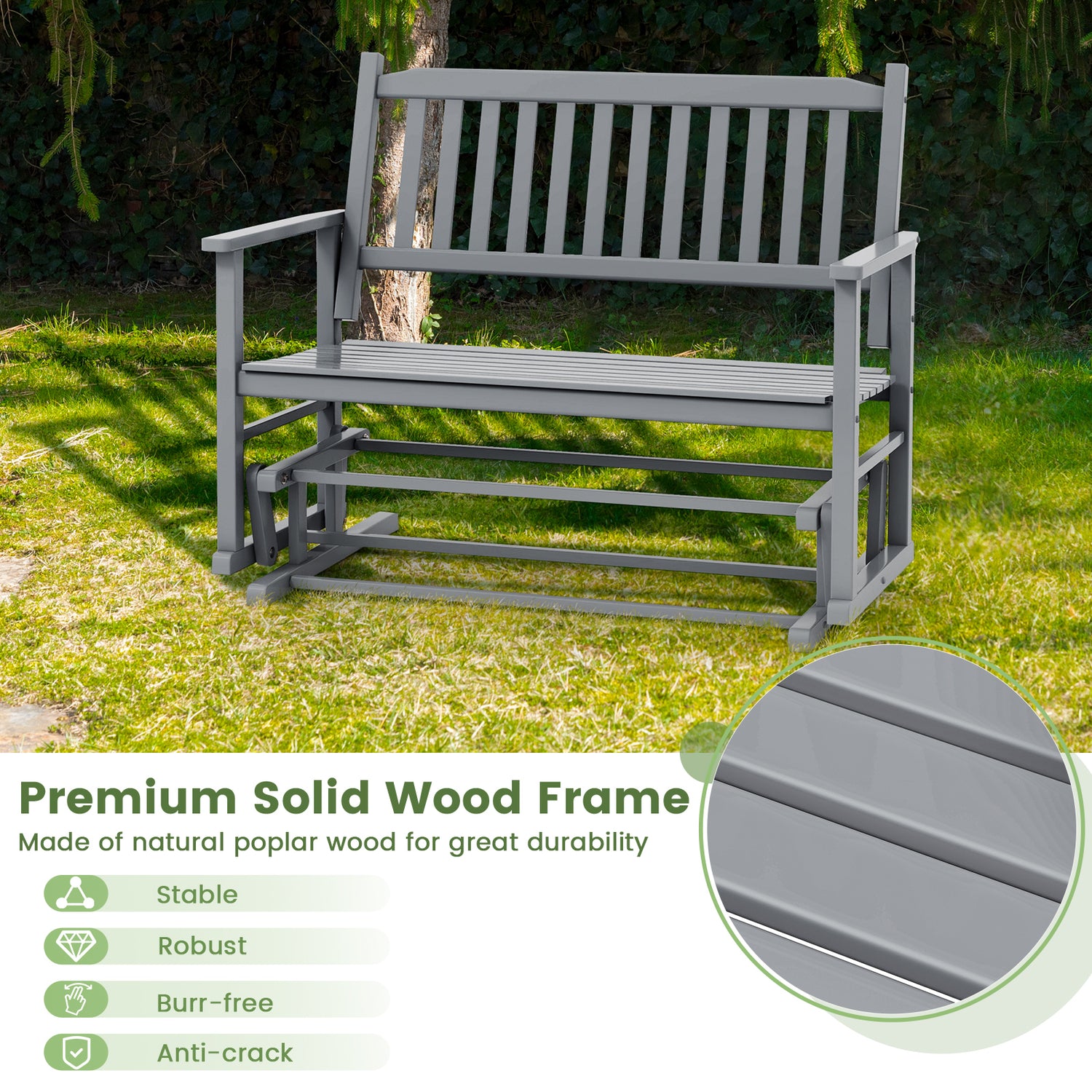2 Seats Outdoor Glider Bench with Armrests and Slatted Seat