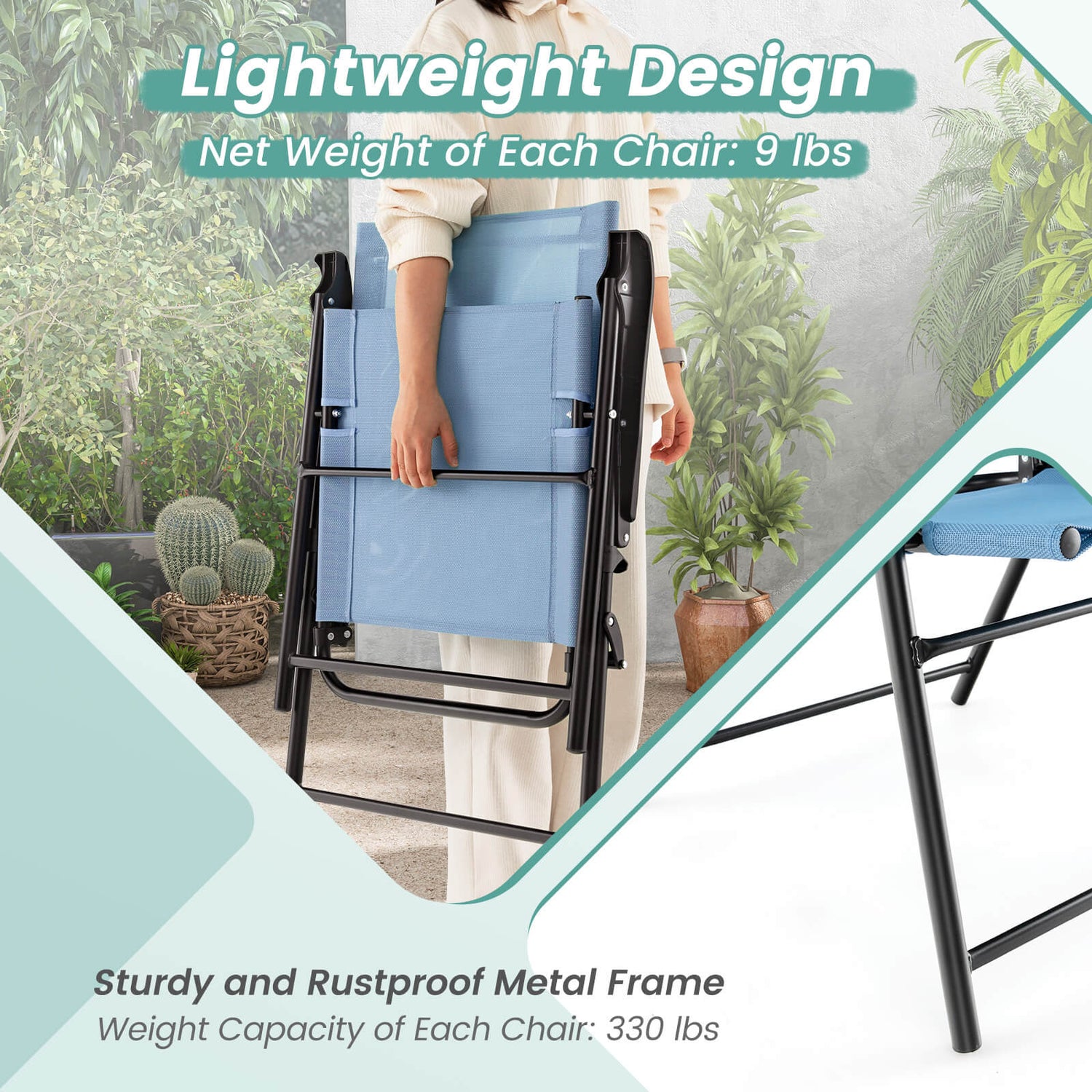 2 Set of Patio Dining Chair with Armrests and Metal Frame