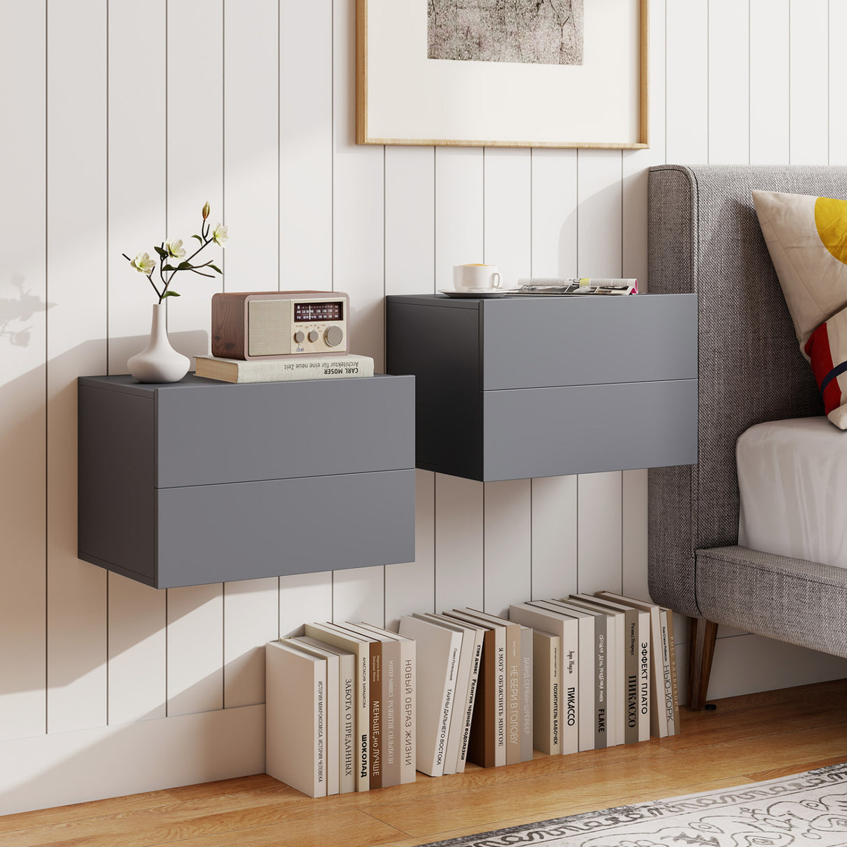 2 Storage Drawers Wall Mounted Floating Nightstand for Bedroom