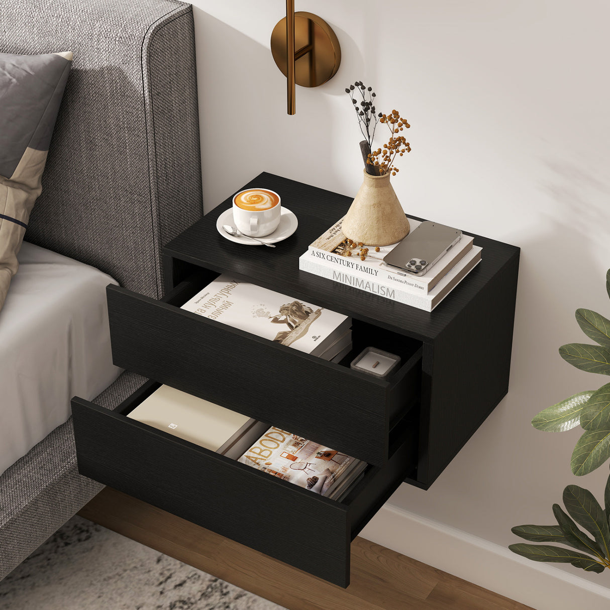 2 Storage Drawers Wall Mounted Floating Nightstand for Bedroom