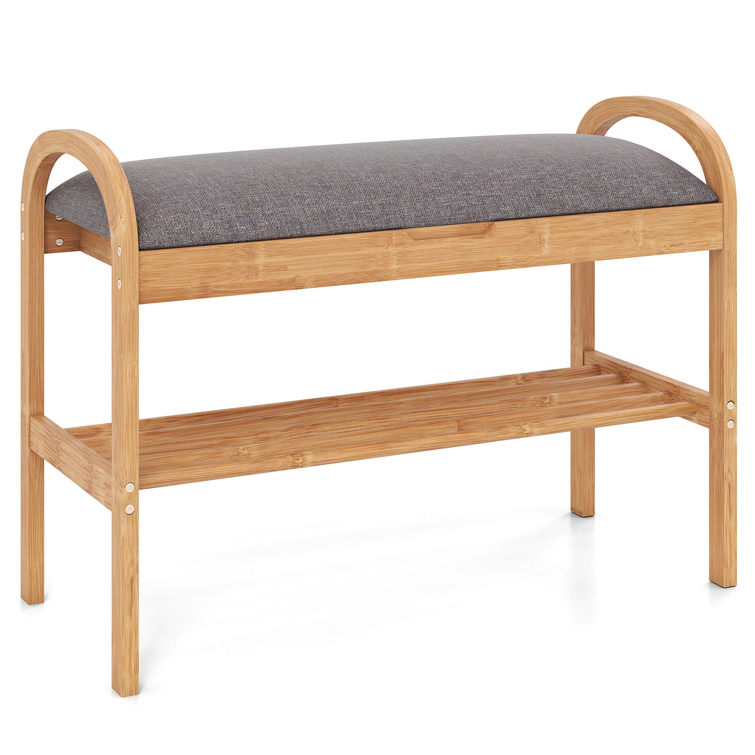 2-Tier Bamboo Shoe Bench with Storage and Padded Cushion-Gray