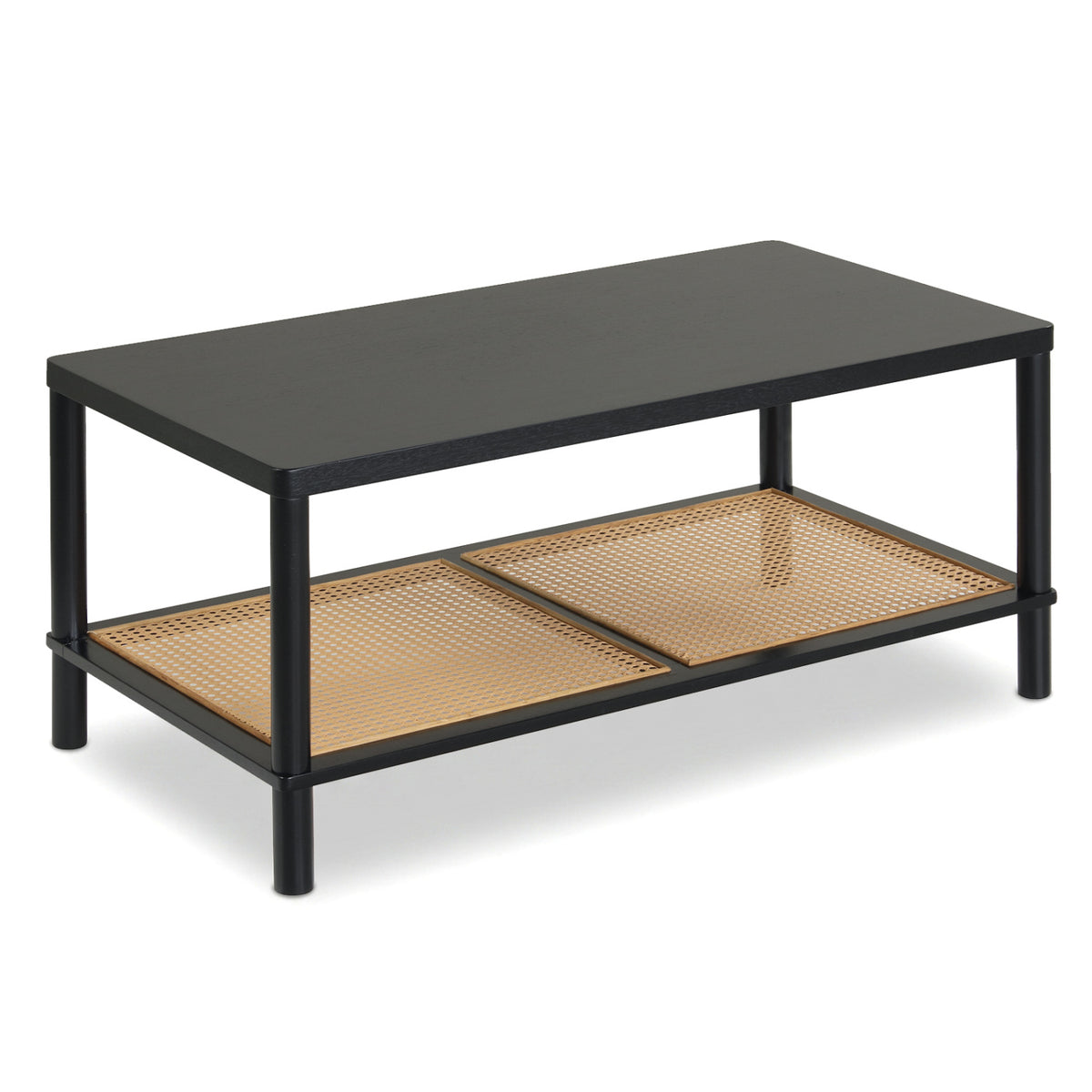 2-Tier Boho Coffee Table for Living Room Rectangular Center Table with Rubber Wood Frame and PVC Rattan Storage Shelf