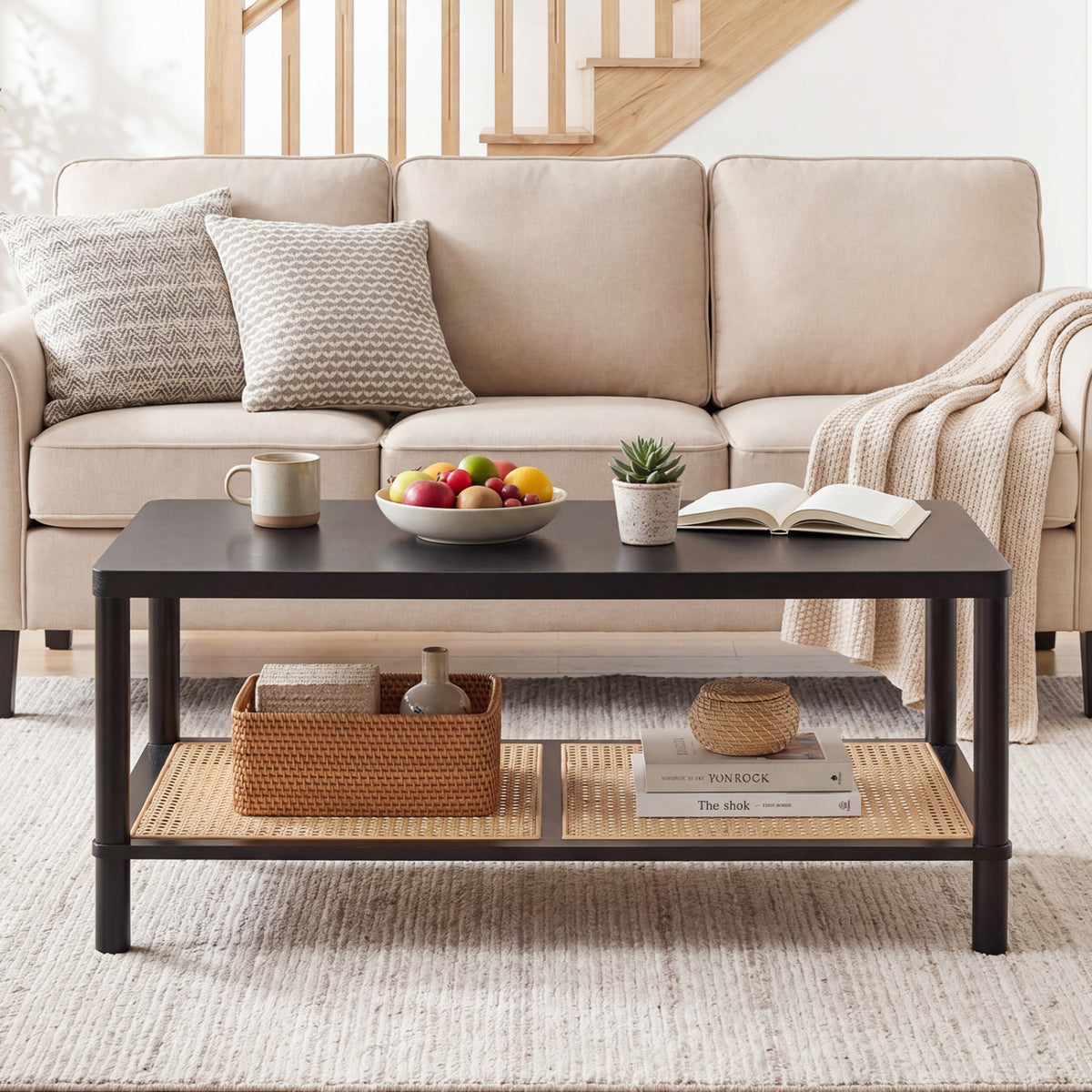 2-Tier Boho Coffee Table for Living Room Rectangular Center Table with Rubber Wood Frame and PVC Rattan Storage Shelf