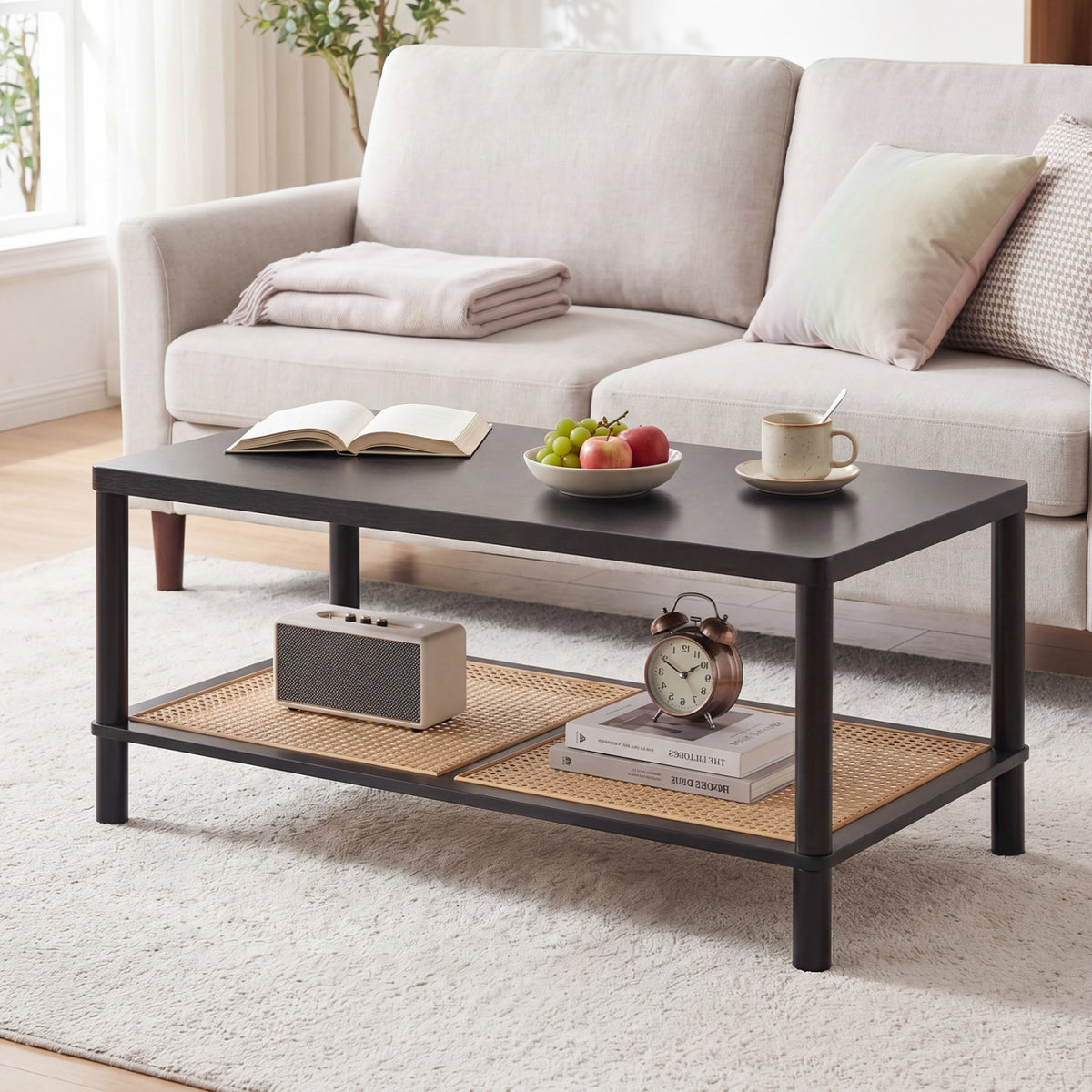 2-Tier Boho Coffee Table for Living Room Rectangular Center Table with Rubber Wood Frame and PVC Rattan Storage Shelf