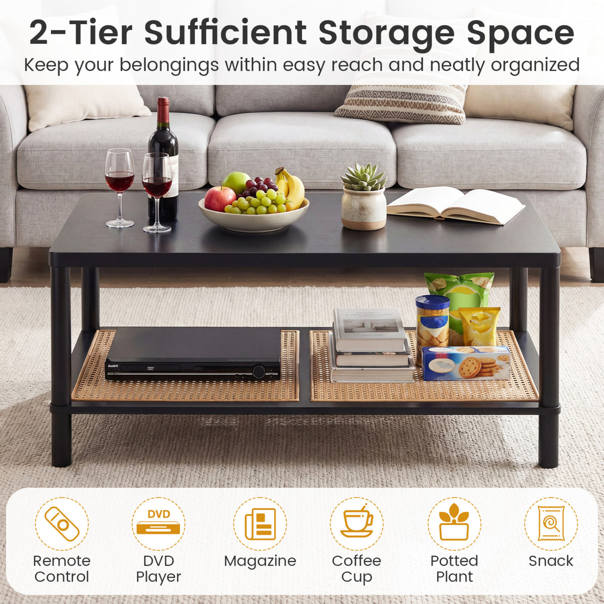 2-Tier Boho Coffee Table for Living Room Rectangular Center Table with Rubber Wood Frame and PVC Rattan Storage Shelf