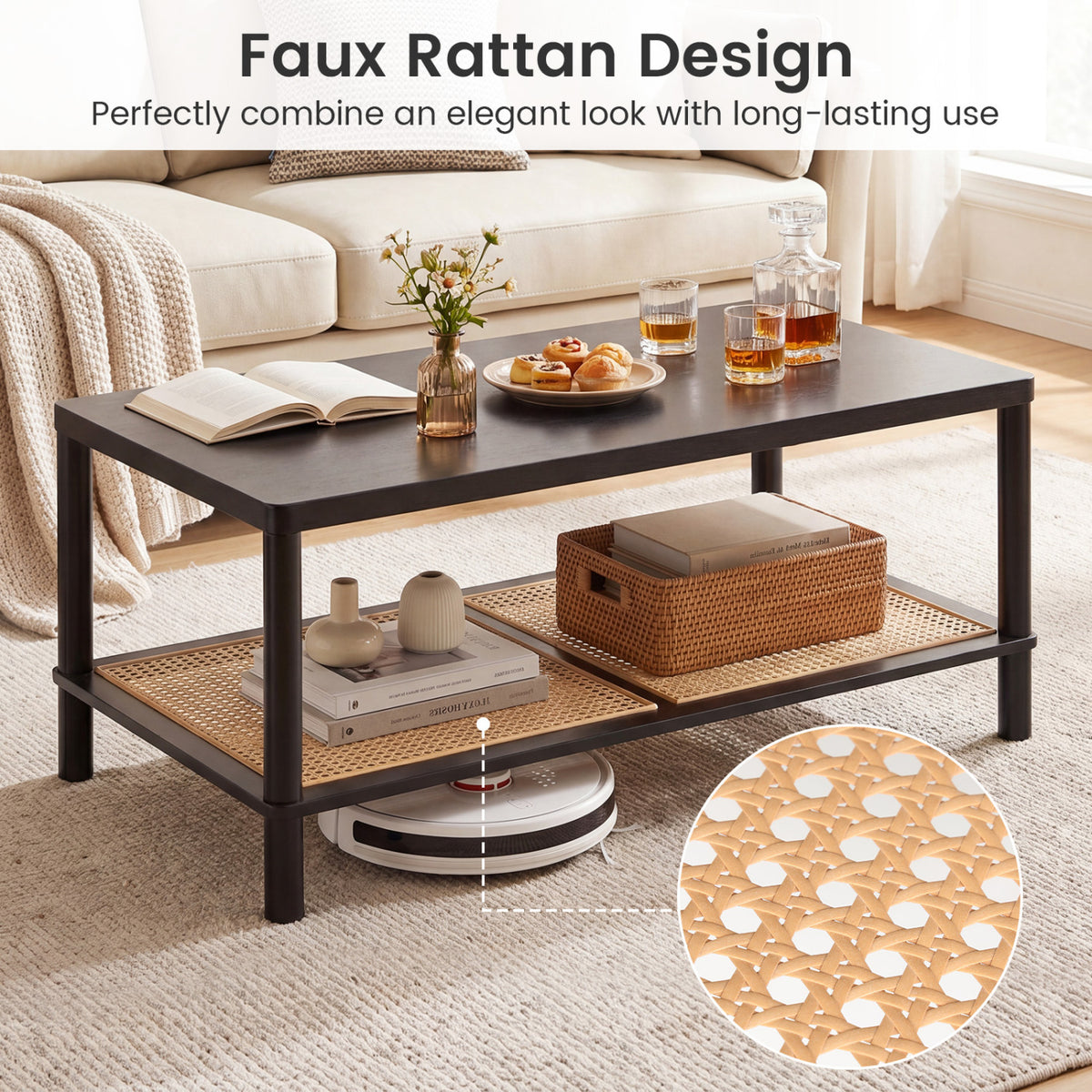 2-Tier Boho Coffee Table for Living Room Rectangular Center Table with Rubber Wood Frame and PVC Rattan Storage Shelf