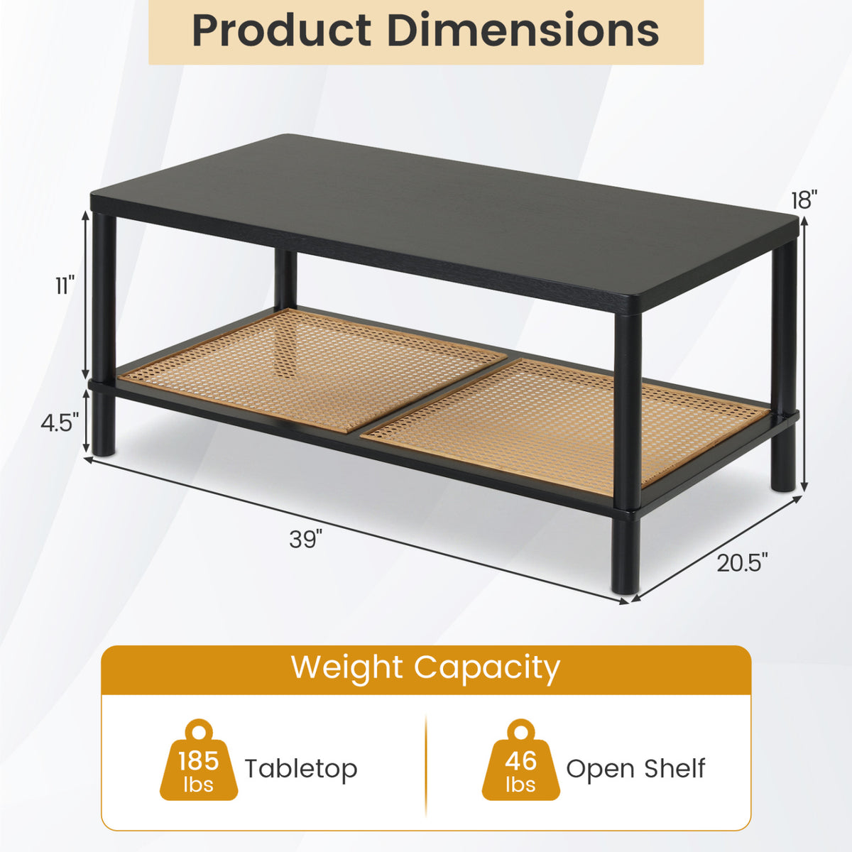 2-Tier Boho Coffee Table for Living Room Rectangular Center Table with Rubber Wood Frame and PVC Rattan Storage Shelf