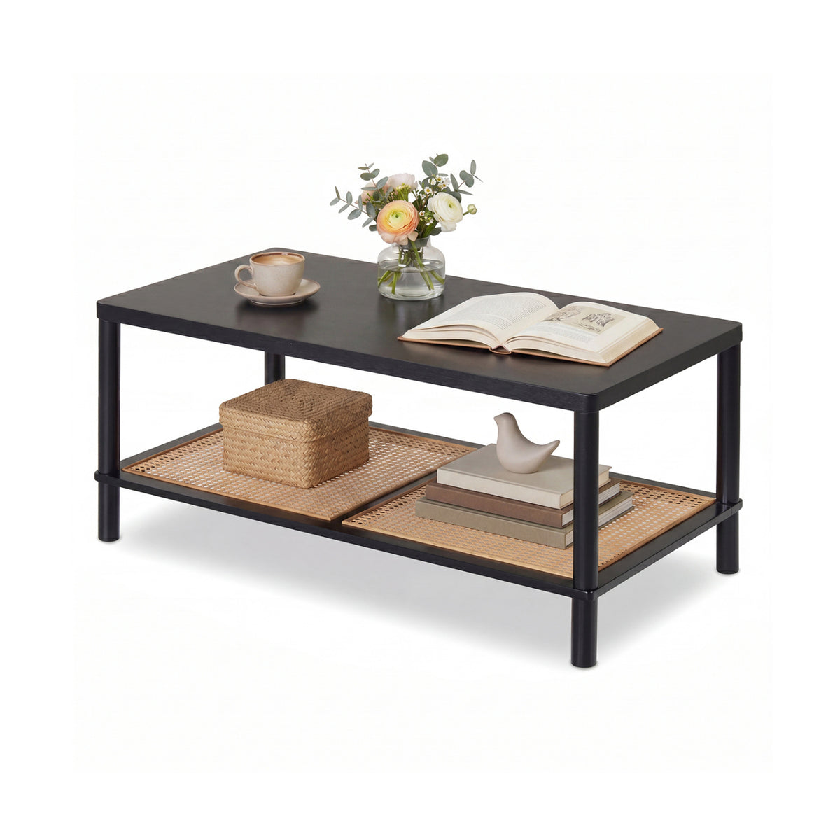 2-Tier Boho Coffee Table for Living Room Rectangular Center Table with Rubber Wood Frame and PVC Rattan Storage Shelf