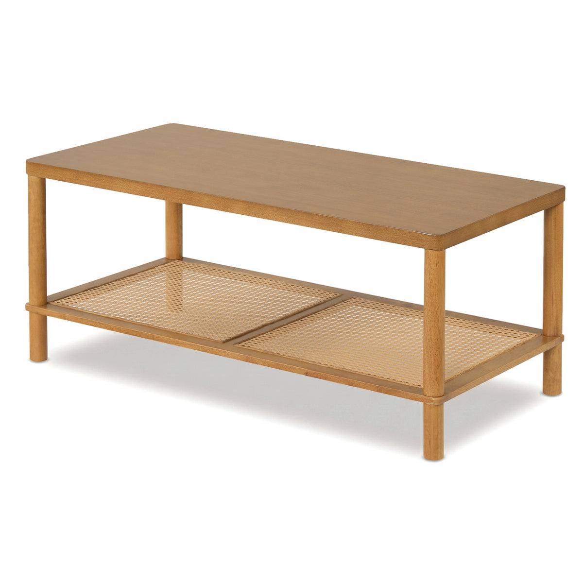 2-Tier Boho Coffee Table for Living Room Rectangular Center Table with Rubber Wood Frame and PVC Rattan Storage Shelf