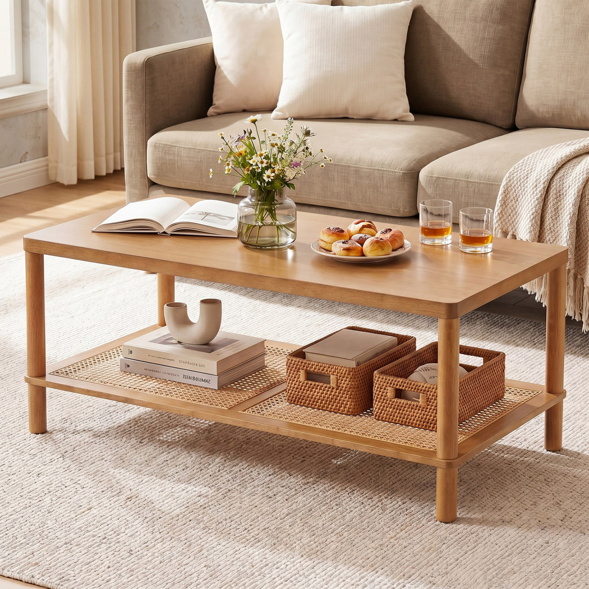 2-Tier Boho Coffee Table for Living Room Rectangular Center Table with Rubber Wood Frame and PVC Rattan Storage Shelf