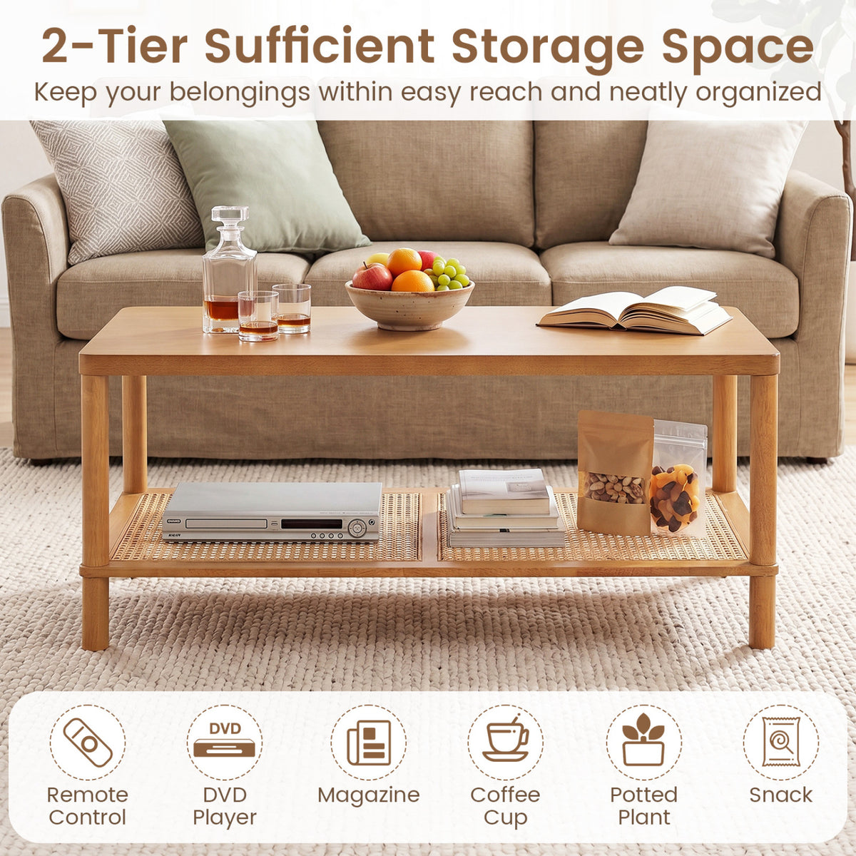 2-Tier Boho Coffee Table for Living Room Rectangular Center Table with Rubber Wood Frame and PVC Rattan Storage Shelf