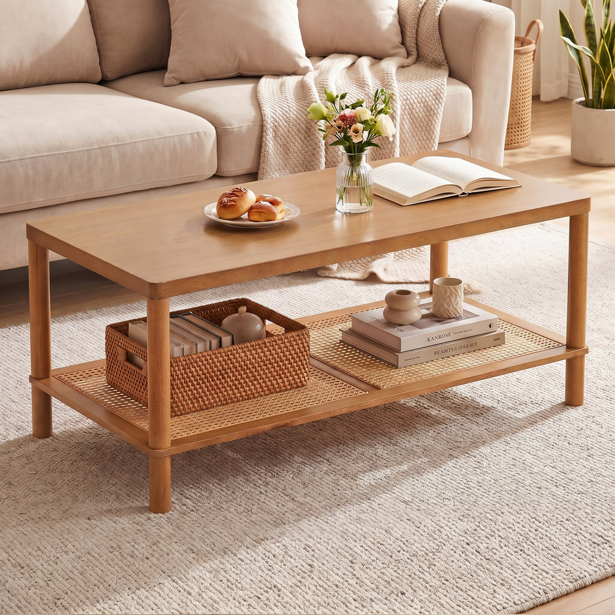 2-Tier Boho Coffee Table for Living Room Rectangular Center Table with Rubber Wood Frame and PVC Rattan Storage Shelf