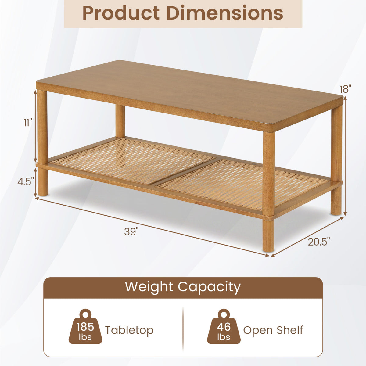 2-Tier Boho Coffee Table for Living Room Rectangular Center Table with Rubber Wood Frame and PVC Rattan Storage Shelf